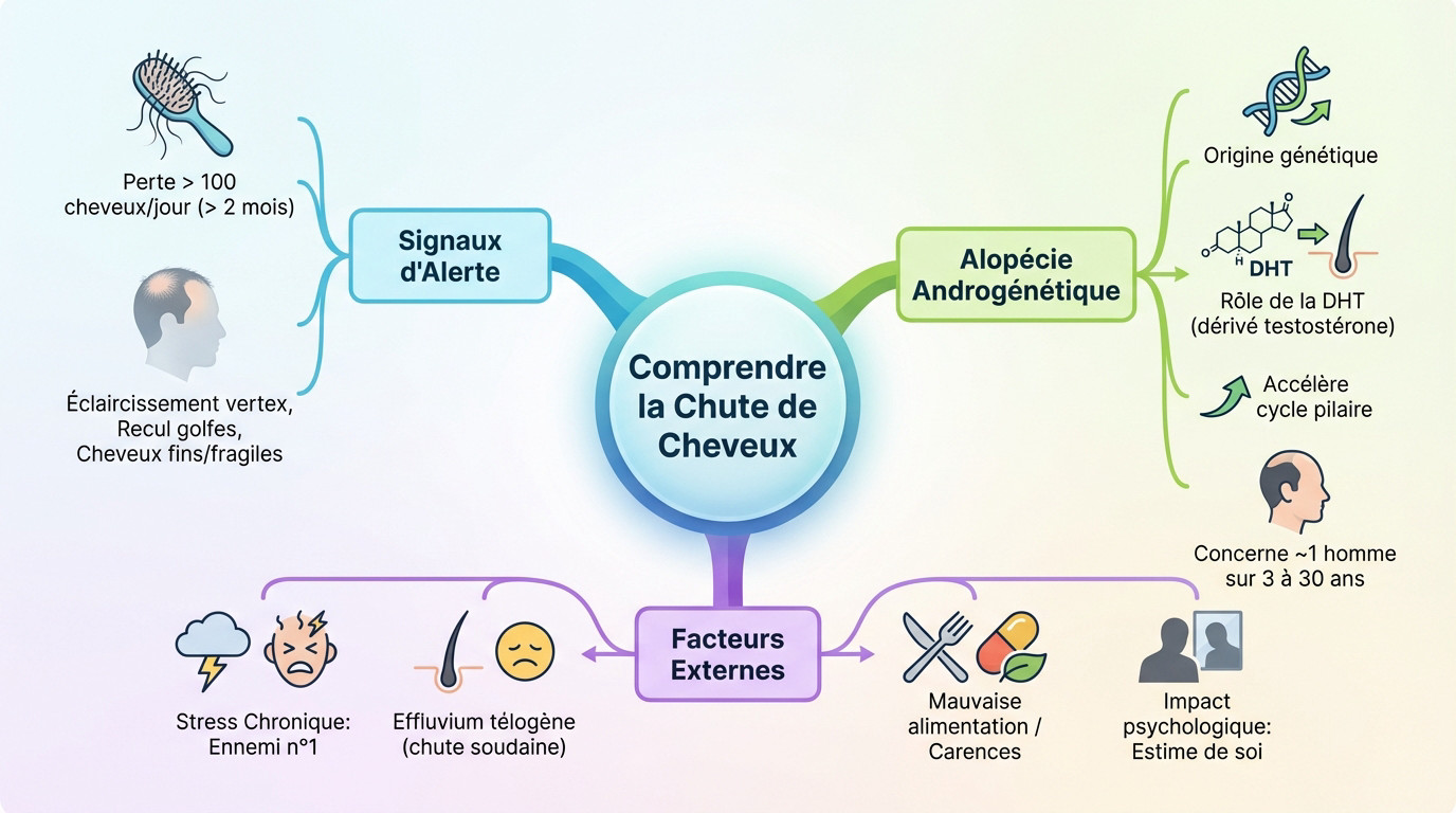 Schéma explicatif des causes et signaux d'un début de calvitie