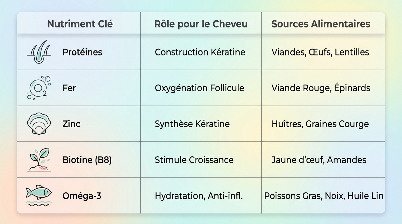 Infographie sur les nutriments essentiels comme le fer et la biotine pour arrêter la calvitie naissante