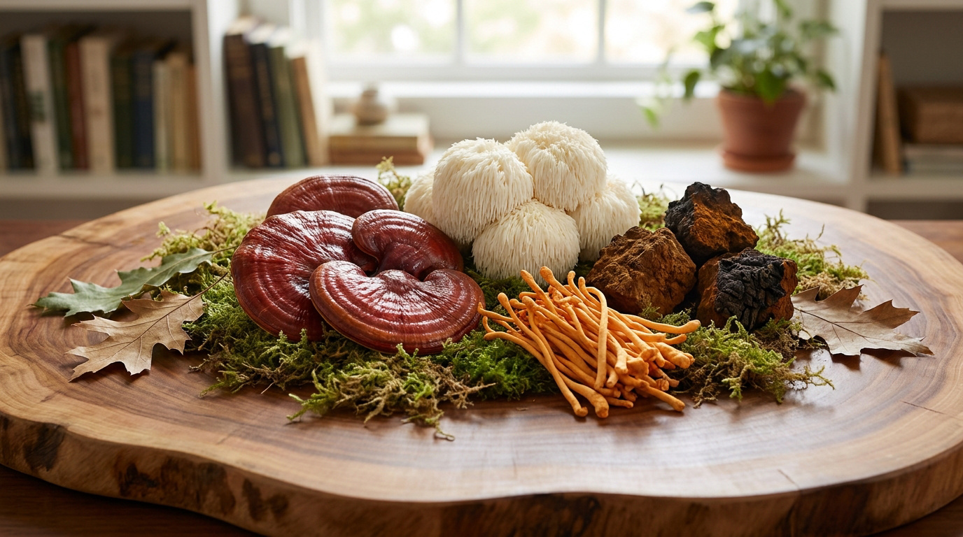 Assortiment de champignons médicinaux sur mousse : Reishi, Crinière de lion, Chaga, Cordyceps. Planche en bois, fond flou.